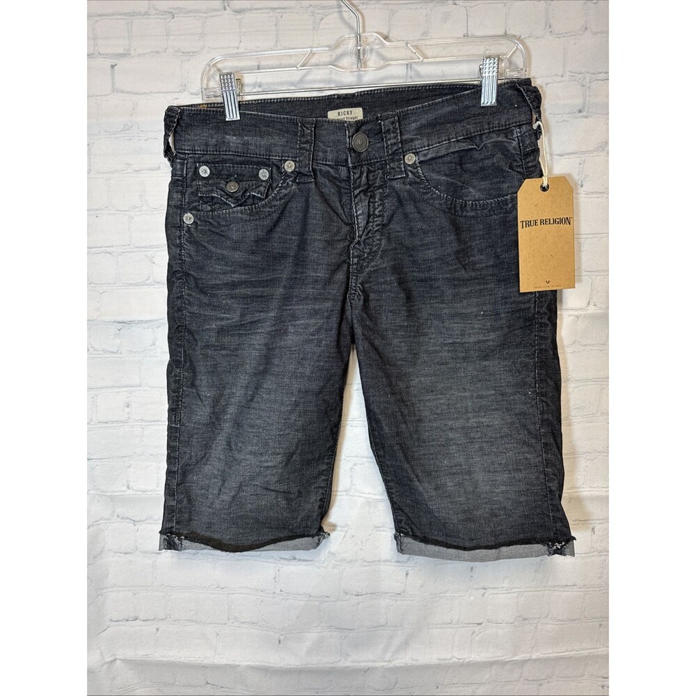 New True Religion Ricky SN Flap Short 29"  Black Rinse Denim Relaxed Straight